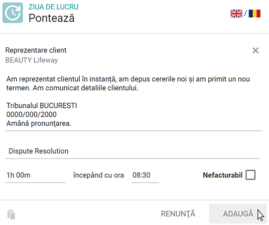 Adăugare pontaj pentru o ședință în instanță 3